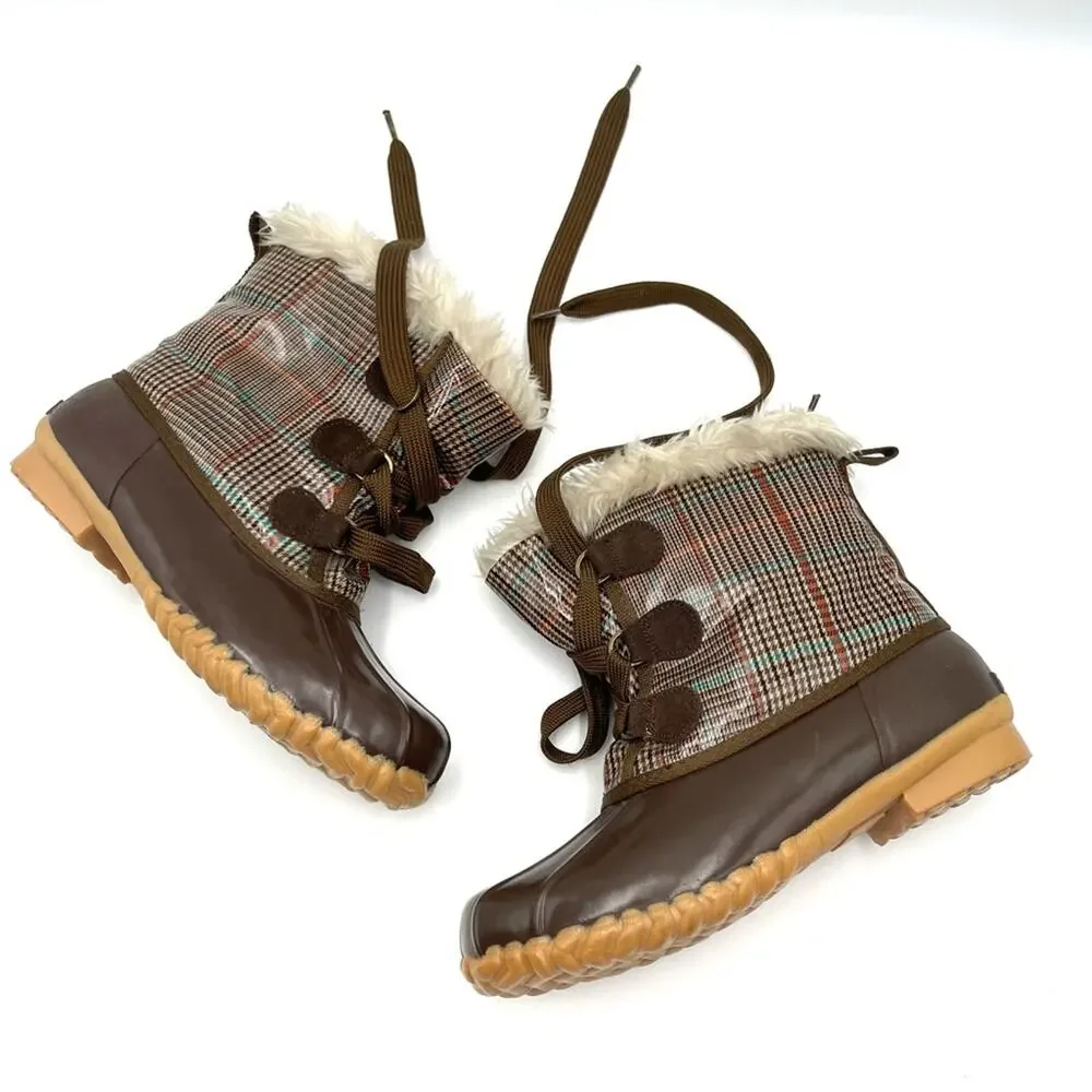 Sporto style kim4451902 women brown Plaid faux fur Lined Waterproof Duck Boots 8